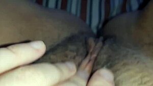 Innocent hairy pussy throbs with wet clit masturbation while parents work unaware