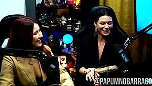 Podcast heats up as tattooed Brazilian petite licks wet pussy publicly
