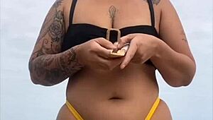 Tight Yellow Bikini Splits Swollen Pussy on Beach