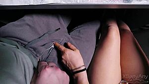 Teacher gets risky under desk handjob from petite student
