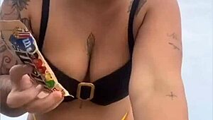 Tight Yellow Bikini Splits Swollen Pussy on Beach