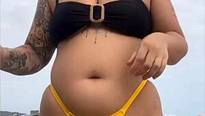 Tight Yellow Bikini Splits Swollen Pussy on Beach