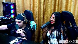 Podcast heats up as tattooed Brazilian petite licks wet pussy publicly