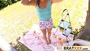 tiny brunette chokes on huge cock outdoors 😩 deepthroat doggystyle
