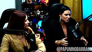 Podcast heats up as tattooed Brazilian petite licks wet pussy publicly