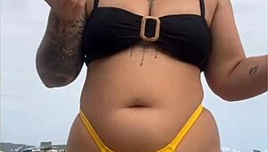 Tight Yellow Bikini Splits Swollen Pussy on Beach