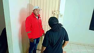 Horny mature latina milf flashes ass gives delivery boy blowjob sucks stranger cock like slutty mother-in-law