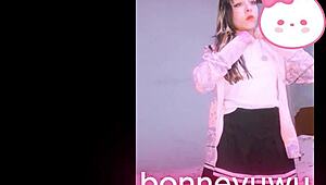 bonneyuwu puts on sexy skirt show masturbating her petite pussy 💦