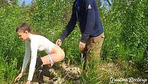 FLIGHT ATTENDANT STRIPS For Unexpected BLOWJOB And DOGGY FUCK In Forest!