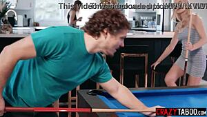 two sexy blonde babes strip at billiards then take turns on huge cock in wild threesome pounding
