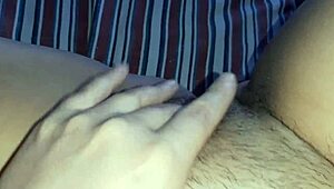 Innocent hairy pussy throbs with wet clit masturbation while parents work unaware