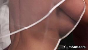 Peculiar honey kneels for massive sperm facial from blowbang crowd