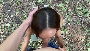 Girlfriend's Steamy Forest Blowjob Ends with Cum Swallow