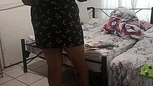 Chubby BBW Latina mom cleans bedroom curves out