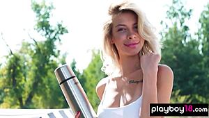 petite blondie eva tali strips nude for beach sunbath