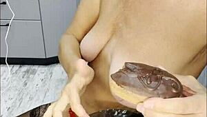 granny's saggy tits drip with hot cum from young stripper's monster load.