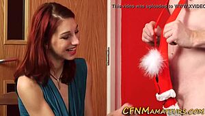 Amateur redhead babe humiliates throbbing cock with cfnm handjob suck