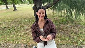 College cutie drops to knees in park for stranger's cock then bent over pounding