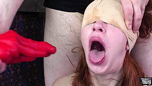 blindfolded redhead sub gags chokes deepthroat bound slave bdsm master