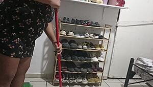 Chubby BBW Latina mom cleans bedroom curves out