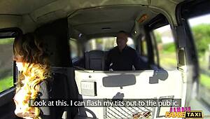 British Milf Brunette Fingers Passenger's Ass and Rimjobs Him in Fake Taxi