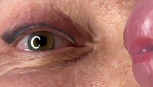 Mature cougar milf blasts huge facial cumshot load covering eyes face fucking jizz explosion!