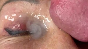 Mature cougar milf blasts huge facial cumshot load covering eyes face fucking jizz explosion!