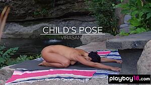 Watch naked milf yoga instructor Daniella Smith stretch trimmed pussy outdoors