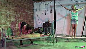 domina and mistress take rough anal ffm threesome in bdsm dungeon bondage