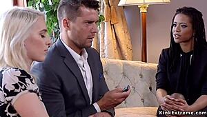 Ebony journalist bound tight in rough threesome BDSM submission