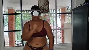 Perverted stepdad licks hairy pussy of VR-glasses chubby Latina then face-creampies her huge ass