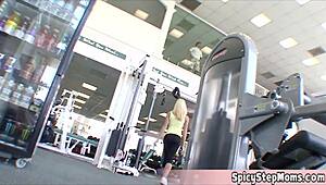 Blonde housewife bounces big tits during gym pounding