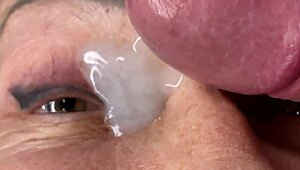 Mature cougar milf blasts huge facial cumshot load covering eyes face fucking jizz explosion!