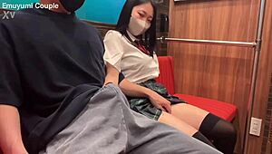 A horny JK couple fucks wildly on empty train back home risking exposure with massive orgasms amateur Japanese big tits POV doggystyle outdoor