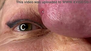 Mature cougar milf blasts huge facial cumshot load covering eyes face fucking jizz explosion!