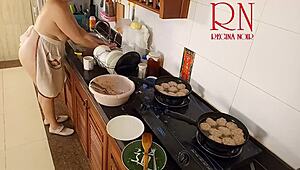 Nudist housewife Regina Noir prepares meals bare in kitchen as naked maid beach vibe