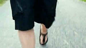 morgens mit nylonfüßen in birkenstocks unterwegs showing off her pantyhose legs