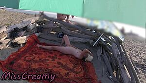 Teacher flashes wet pussy on beach masturbates for voyeurs close-up.