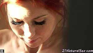 euro redhead babe fingers herself sensually in steamy shower