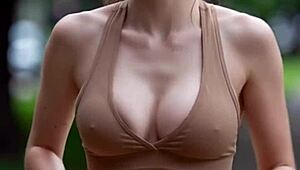 Slutty runner girls flash perfect tits while jogging in public... damn!