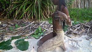 skinny african girl cooks medicine naked in forest for granny with small waist on display