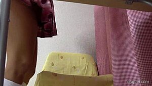 Tanned Japanese Girl's Skirt Hides Big Tits and Teasing Cameltoe Panties