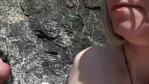 Housewife unleashes piss and spunk right on public beach
