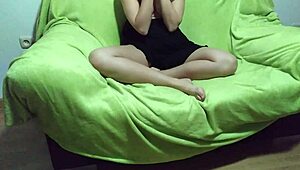 Curvy Latina Teases Sofa with Large Toy