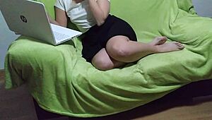 Curvy Latina Teases Sofa with Large Toy