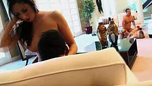Angelica Saige sucks fingers during aggressive tight pussy pounding