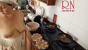 Nudist housewife Regina Noir prepares meals bare in kitchen as naked maid beach vibe