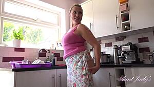 AuntJudys hot BBW MILF Charlie Rae strips down for naughty kitchen tit and ass play