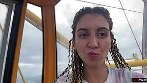 skinny pigtails girl flashes jerks huge cock pov swallows cum public ferris wheel outdoor