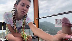 skinny pigtails girl flashes jerks huge cock pov swallows cum public ferris wheel outdoor